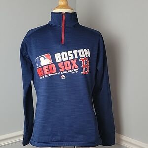 MAJESTIC Boston Red Sox Navy Blue Marled Pull‎ Over Fitted 1/4 Zip Sweatshirt L